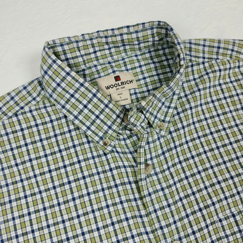 Woolrich Mens Large Green Blue Plaid Short‎ Sleeve Button Down Cotton Shirt 6127